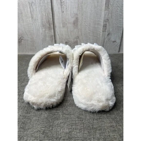 Womens Furry Slippers Open Toe Pearl & Ruffle Accent Non-Slip Sole Size M/L 8-10 - Picture 3 of 7